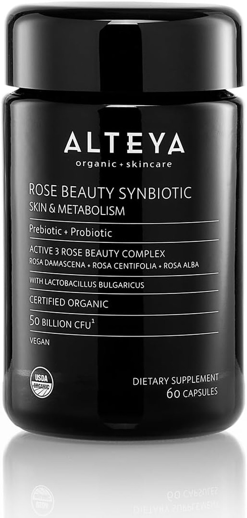 Alteya Organics Beauty Prebiootit + Probiootit ja ruusuuutteet, Skin Beauty from within Supplement, 50 miljardia PMY & Lactobacillus Bulgaricus for Face and Metabolia - 60 kapselia