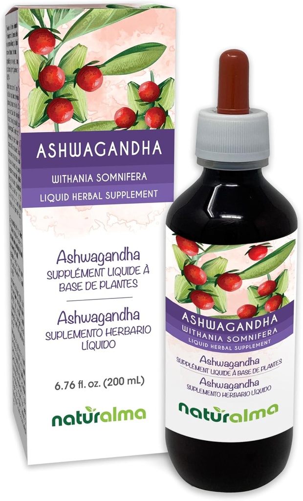 Naturalma Ashwagandha (Withania somnifera) Juuri Alkoholiton Tincture - 6.76 fl oz Liquid Extract in Drops - Kasviperäisten Supplement - Vegan