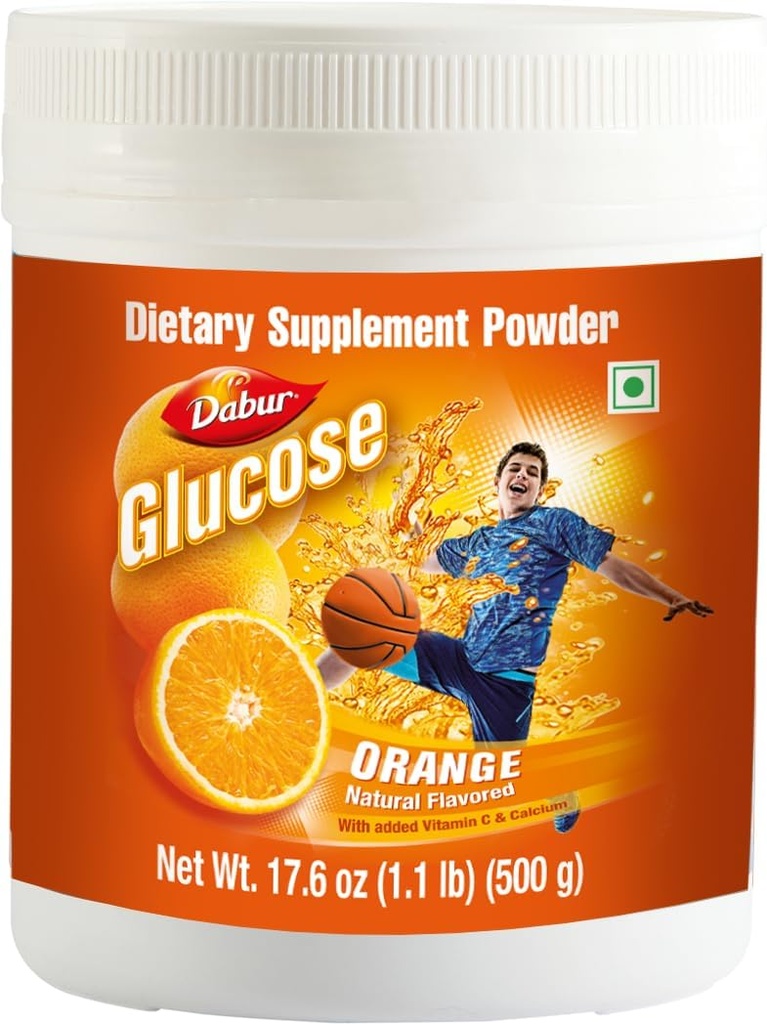 Dabur Glukoosi - Glukoosi Kuiva-aine - Vahvistettu D-vitamiini ja kalsium - Maukas Orange - 500 Gram