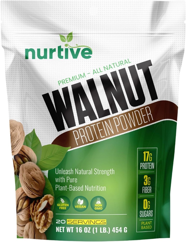 Walnut Protein Powder - Rich in Omega-3 & Plant-Based Protein - Antioksidantti Boost - Ihanteellinen Smoothies & Baking - Gluteeniton, Vegaani, Ei GMO - 20 Tarjoiluja (16 oz / 454 g)