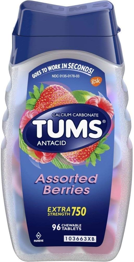Tums Antasidi/Kalsium Supplement, Extra Strength 750, Purutabletti, Assorted Berries 96 tablettia TUMS (alkuperäinen versio)