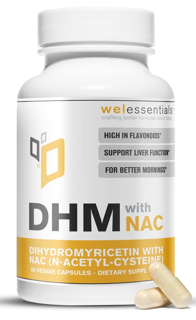 Dihydromyricetiini DHM NAC - 650 mg x 60 kapselia - 300 mg N-asetyyli-kysteiini, 350 mg Dihydromyricetiini - Max Strength Dihydromyricetin - Dihydromyricetiinin ruokavaliolisä, nesteytys