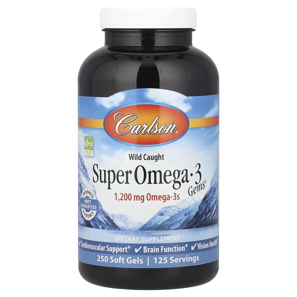 Carlson - Super Omega-3 Gems, 1200 mg Omega-3s, Wild Caught, Sustainably Sourced, 250 mjuka geler