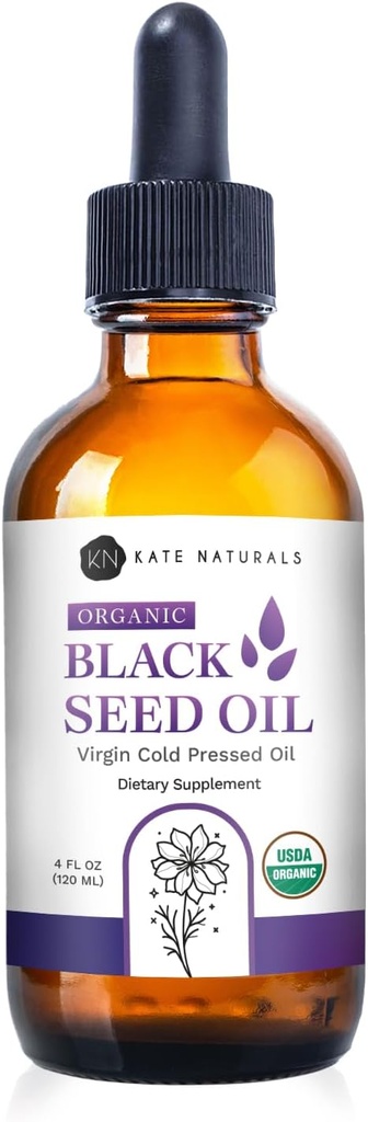 Kate Naturals Organic Black Seed Oil (4oz, Virgin, Cold Pressed, Non-GMO) Liquid Nigella Sativa för Immune Support & Digestion. Pure Blackseed Cumin Oil för hår och hud
