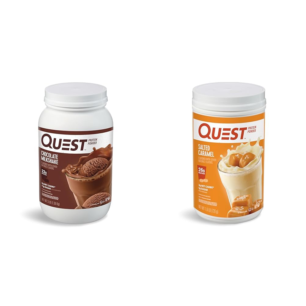 Quest Nutrition Chocolate Milkshake Protein Powder, 22g Protein, 1g Sugar, Low Carb, Gluten Free, 3 pund, 43 portioner & Salted Caramel Protein Powder; 26g Protein; 1g Sugar; Low Carb; Gluten Free
