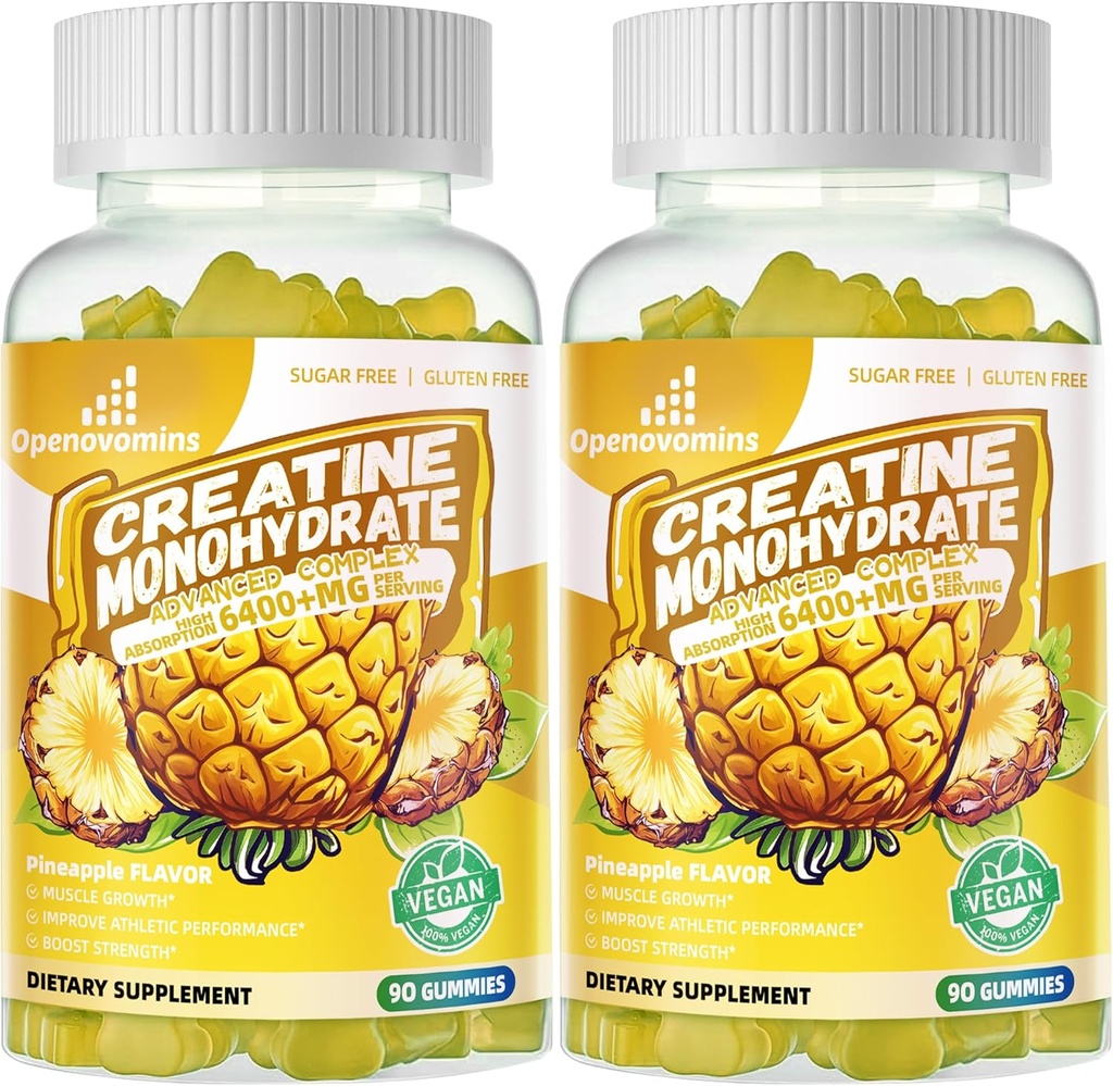 Creatiini Monohydraatti Gummies Complex miesten ja naisten - Advanced Formula W/L-Tauriini + B12-vitamiini, sokeriton purutabletti,180 Ananas Gummies 2pack
