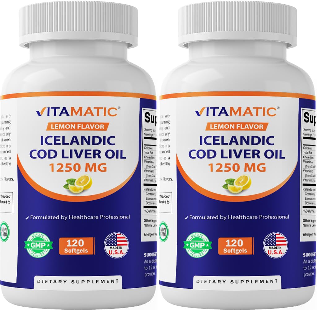 Vitamatic 2 Pack Islantilainen turska Maksan öljy kapselit 1250mg 120 Softgels (Lemon Flavor) - edistää sydän- ja verisuonitautien terveyttä