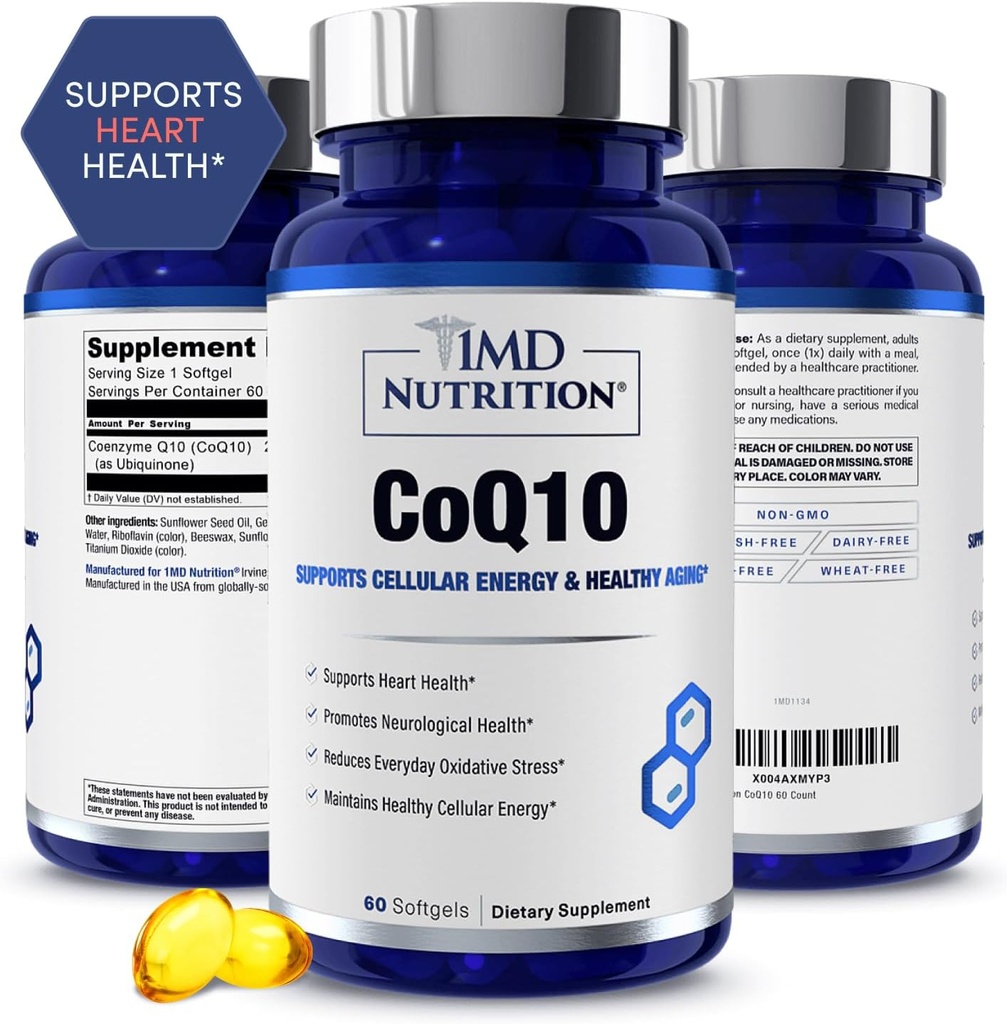 1MD Nutrition CoQ10 - for Heart Health & Cellular Energy Production - Health Supplement for Men & Women - Coenzyme Q10 Softgel - 60 päivää