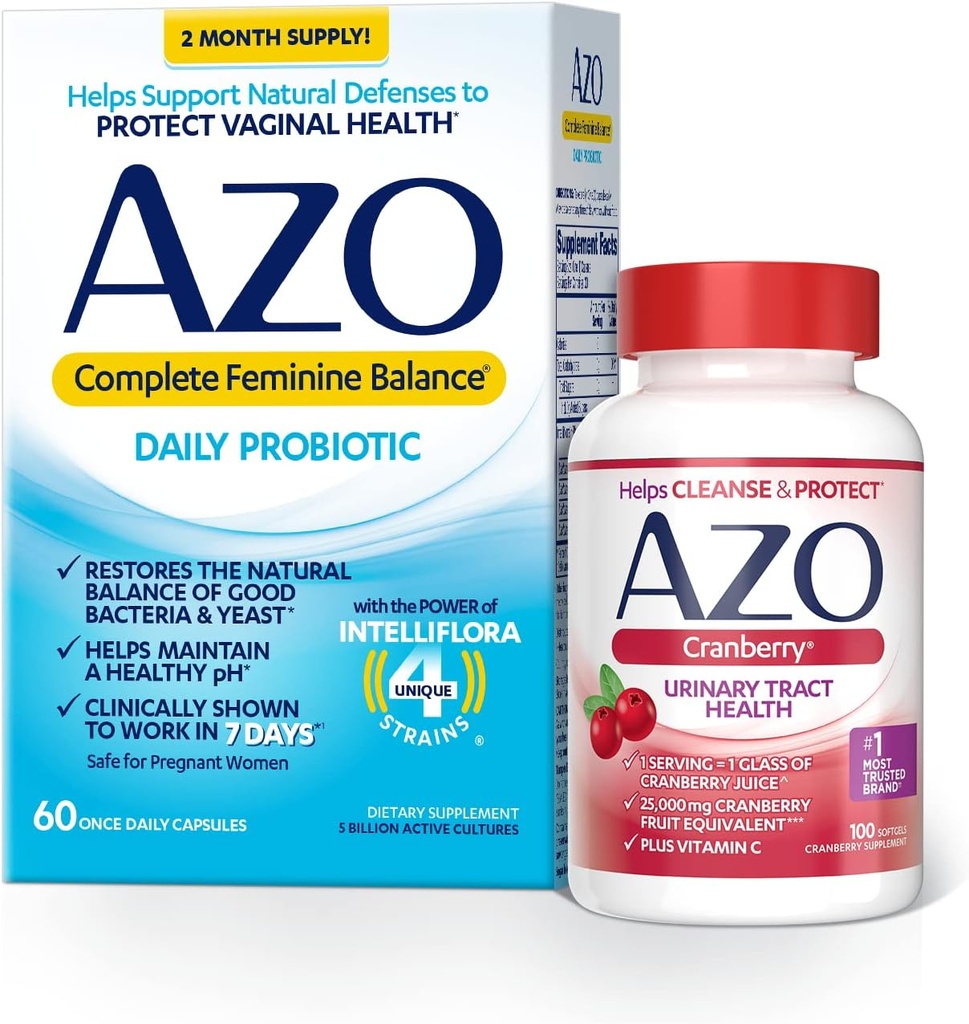 AZO Complete Feminine Balance Päivittäinen probiootit naisille (60 kreivi) + Karpalo Softgels virtsateiden terveys (100 kreivi)