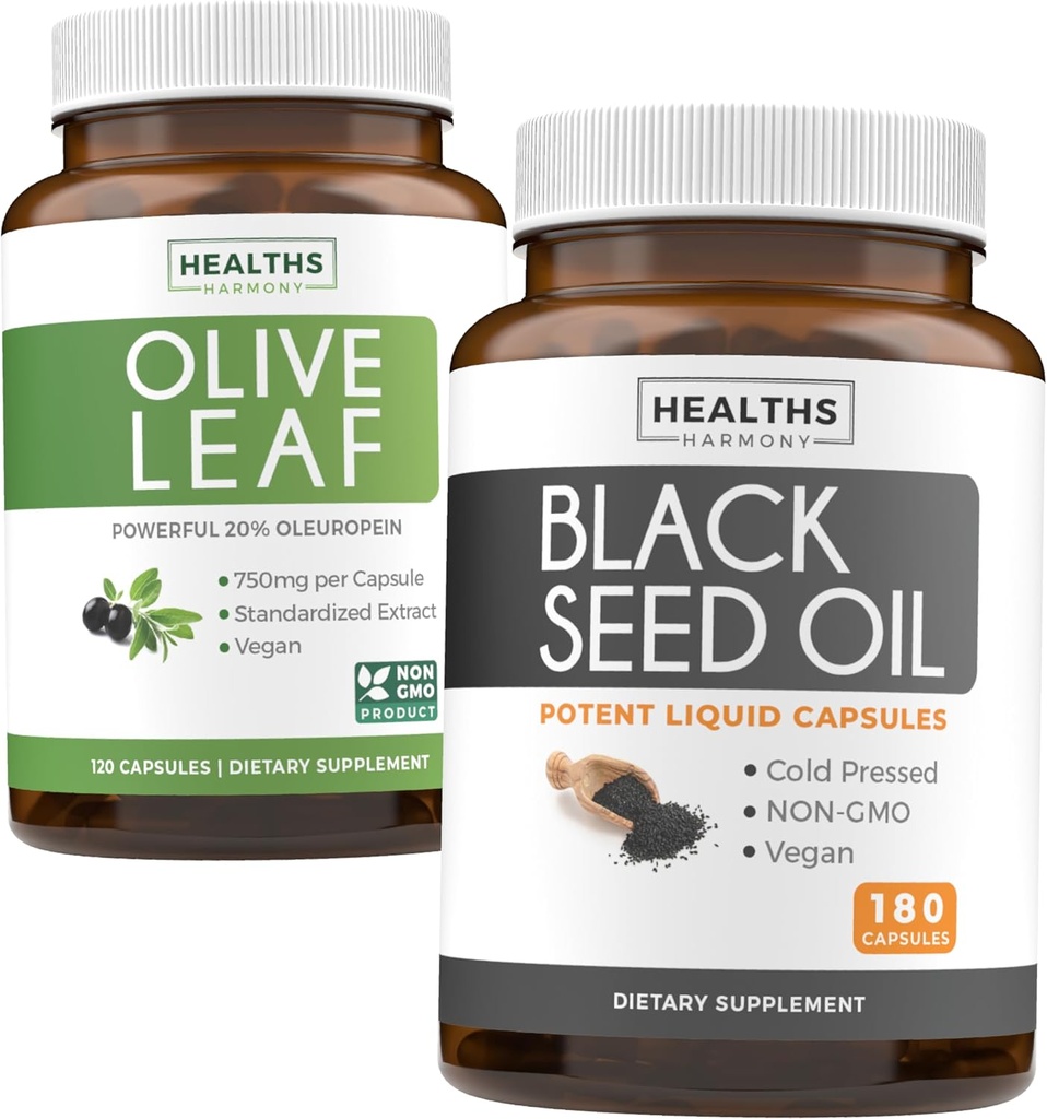 Olive Leaf & Black Seed Oil (3-månaders leverans) Leaf & Seed Bundle of Olive Leaf Extract (120 kapslar) Super styrka och Black Seed Oil (180 kapslar) Cold tryckte Nigella Sativa Cumin Seed