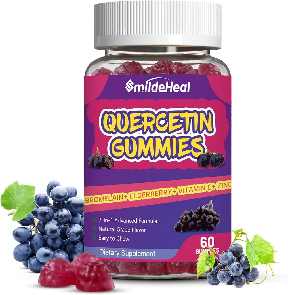 Quercetin Gummies 1200MG, Quercetin Gumies bromelaiini, Sinkki C-vitamiini, Quercetin täydentää Gumies for Adult & Kid, 60 Vegan Gummies