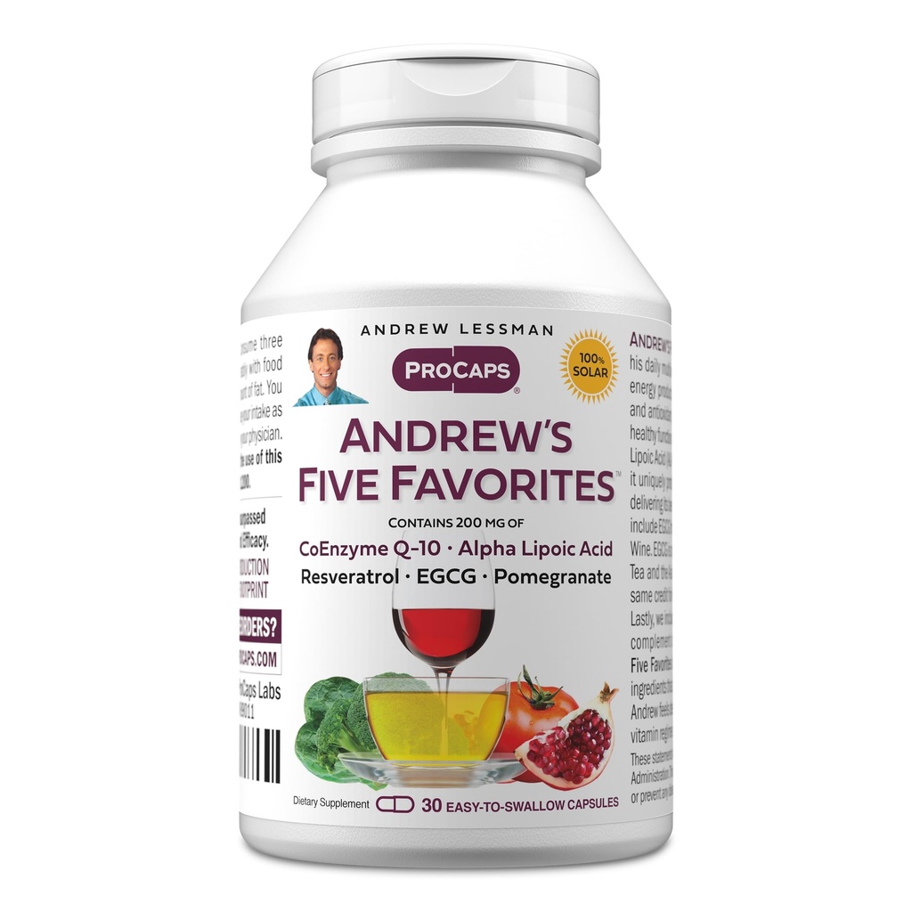 Andrew LESSMAN Andrew's Five Suosikit 30 kapselia - Tarjoaa 200 mg Jokainen Coenzyme Q-10, Resveratrol, EGCG, Pomegranaatti ja Alpha Lipoic Acid, Tehokas antioksidantti tuki, Ei lisäaineita