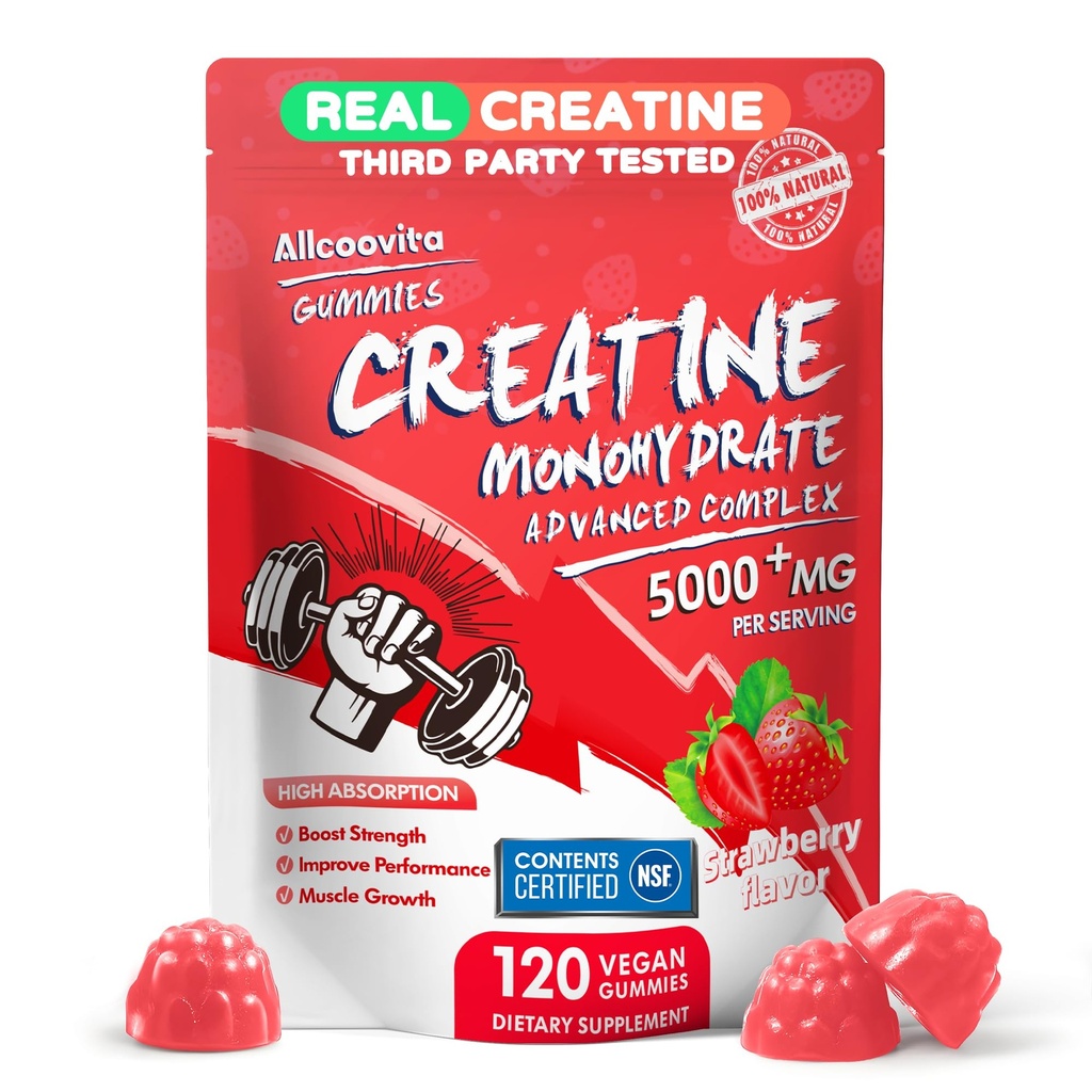 Kreatiini Monohydraatti Gummies Complex miehille & naisille, 5 Gram per tarjoilu Elektrolyytti Creatiini Gummy for Muscle Strength, Lihas Builder, Energy Boost, Pre-Workout täydennysosa-120 Mansikka Gummies