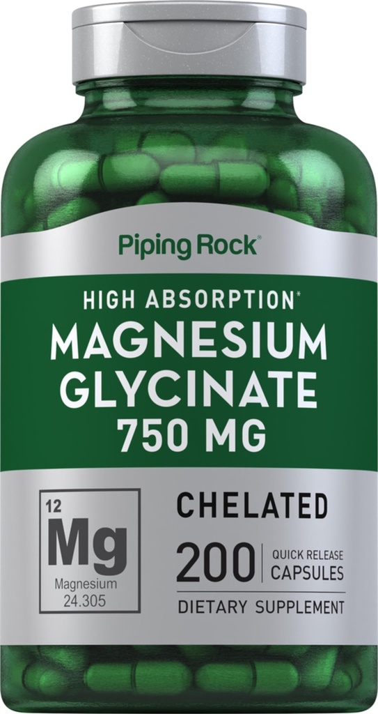 Piping Rock Magnesium Glycinate Capsules | 750mg | 200 piller | Kelated Supplement | Hög Absorption | Non-GMO och Gluten Free
