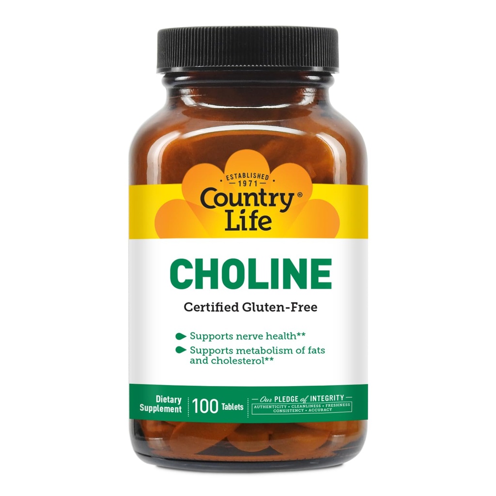 Country Life Choline 266mg, Certified Gluten Free, Certified Vegan, Certified Halal - 100 Tabletter