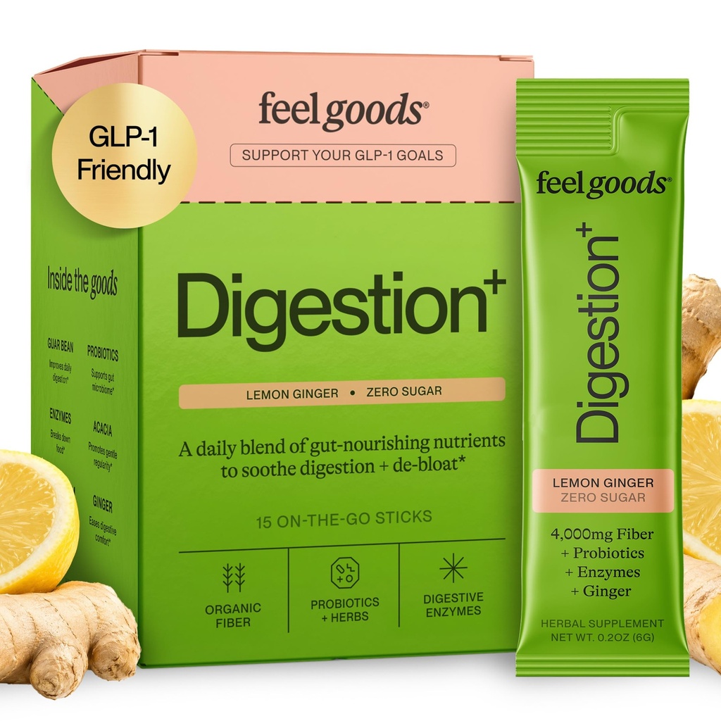 Feel Goods Gut Guardian, Organic Fiber, Probiootti & Prebiootti Powder, Sokeriton, Yrtit bloat, Gut Health Support, Ruoansulatusterveys miesten & naisten, ei GMO, Vegaani, sitruunan inkivääri, 15 kreivi