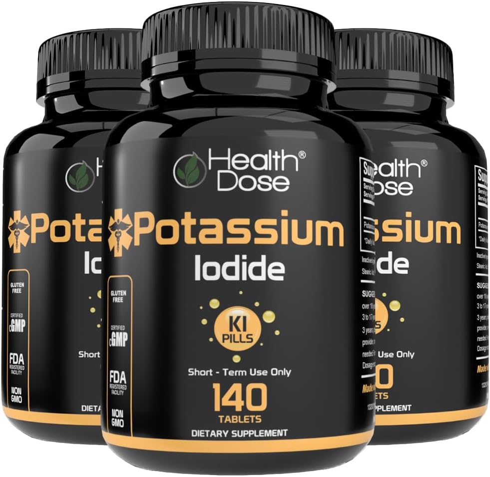 Health Dose Potassium + Iodide (KI) tabletter - 130mg 140 tabletter - för sköldkörtelstöd, Cellulär Metabolism & Electrolyte Balance - Non-GMO, Gluten-Free, GMP Certified Pack 3