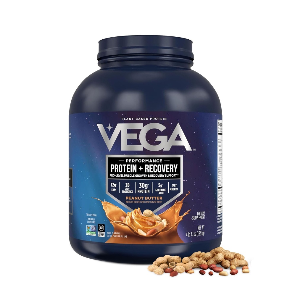 Vega Sport Vegan Protein Powder + Recovery - 30g Kasvipohjainen proteiini per tarjoilu, maapähkinävoi, 45 Tarjoilut, 5g BCAAs, Probiootit, NSF Certified, Shakes & Smoothies, 4,2lbs (Packaging May Vary)