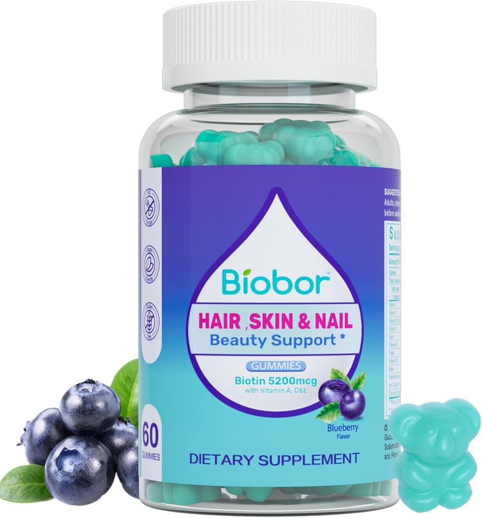 Hårskinn och naglar Vitamins Gummies,5200 mcg Biotin Vegan Chewable Supplement för kvinnor Män med vitaminer A C D E, Blueberry smaksatt, 60 greve (Random Packning)