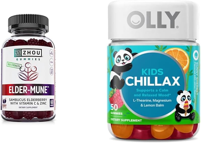 Zhou Nutrition Elderberry Gummies 60 Count & Olly Kids Magnesium Gummies 50 Count Immuuni & rauhallinen tuki