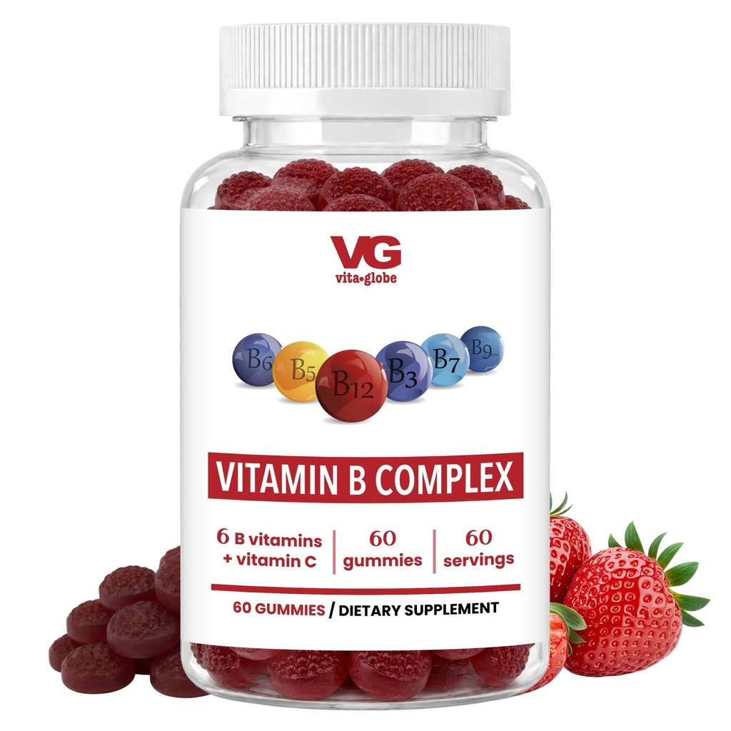 VITA GLOBE B Complex Gummy Vitamiinit ... mansikan maku C-vitamiinin, niasiinin, B6-vitamiinin, B12-vitamiinin ja Biotiinin kanssa... Päivittäinen energian, aineenvaihduntatuen ja kognitiivisen tuen lisäosa ... 60 Gummya (pakkaus 1)