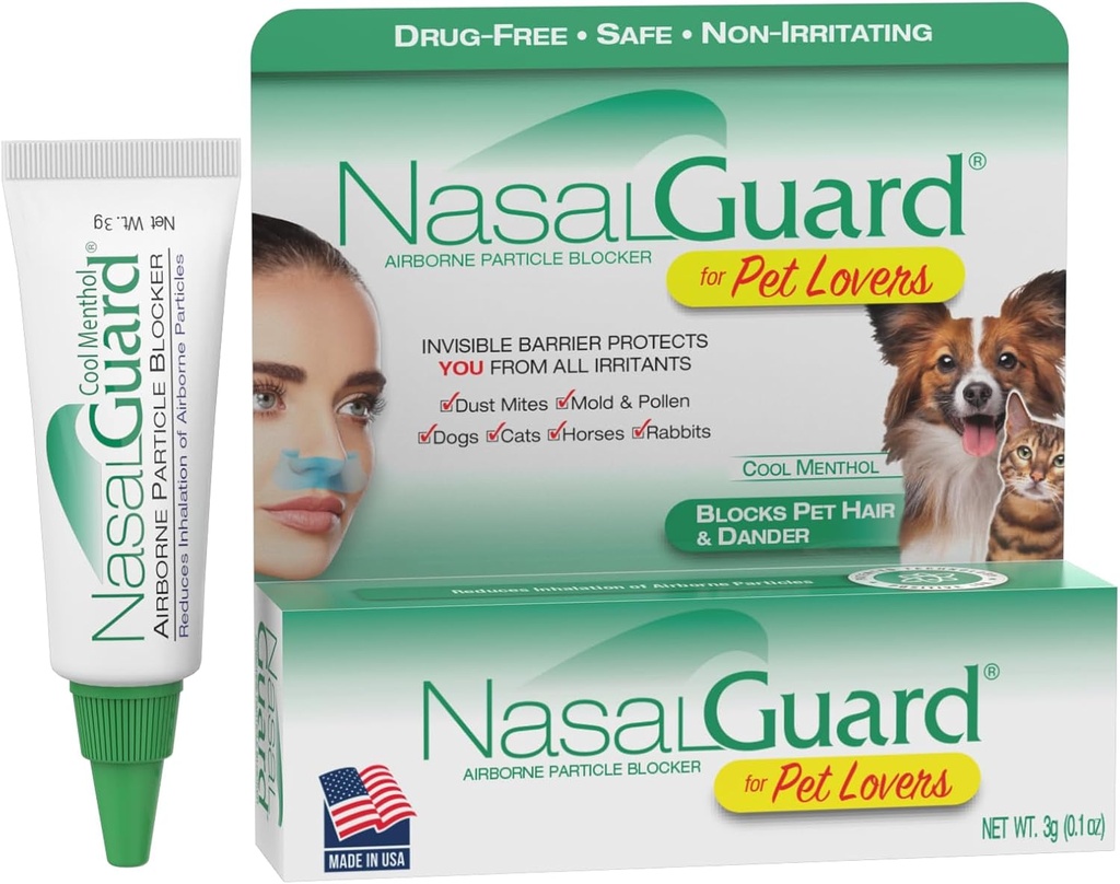 Airborne Particle Blocker Gel för Pet Lovers - Hjälper till att minska inandning av Pet Hair, Dander & Allergens - Drug-Free, Daily Use, Made in USA (Cool Menthol, 3g Tube)