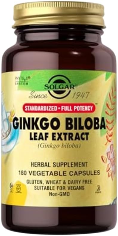 Solgar Ginkgo Biloba Leaf Extract - 180 Vihanneskapselit - Standardoitu Full Potency (SFP) - Ei-GMO, Vegaani, Gluteeniton, Maitotuotteeton, Kosher, Halal - 180 tarjoilua