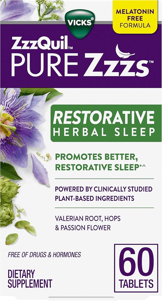 ZzzQuil PURE Zzzs restaurative kasviperäisten uni, tabletit, vailla lääkkeitä ja hormoneja, melatoniinitonta Formula, Valerian juuri, Humalat, intohimo kukka, unilääkkeitä aikuisille, 60 kreivi