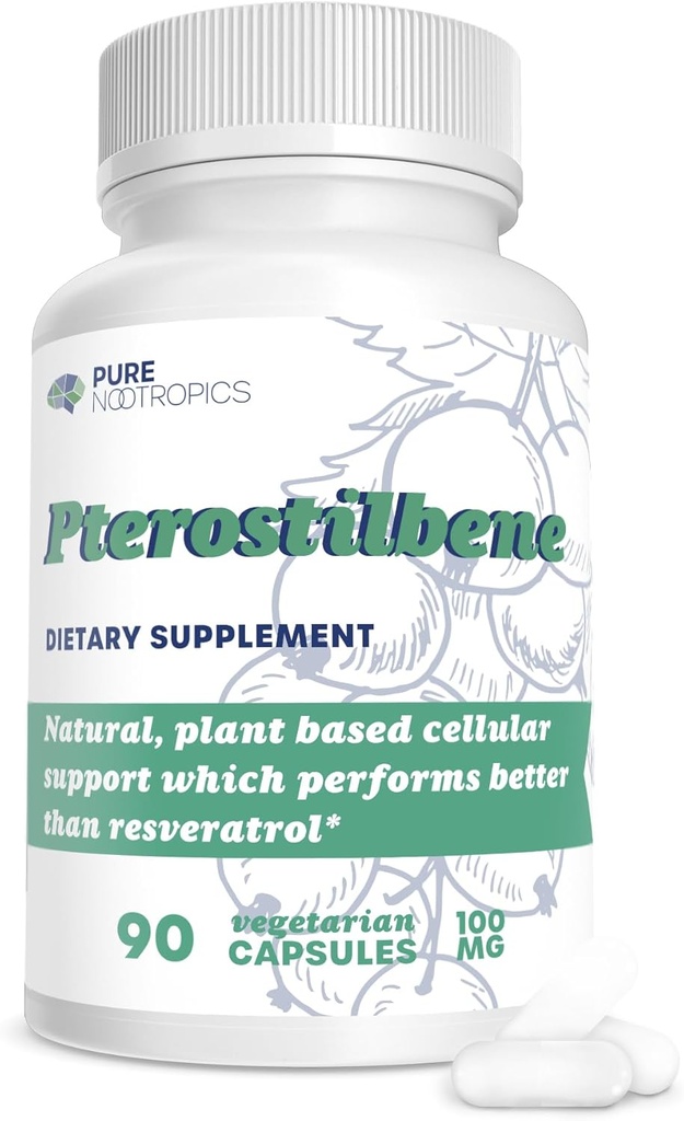 Rena nootropics - Pterostilbene 100 mg kapslar (90) | Växtbaserat stöd för cellulär hälsa | i House & Rigorous 3rd Party Testing för högre renhet och styrka