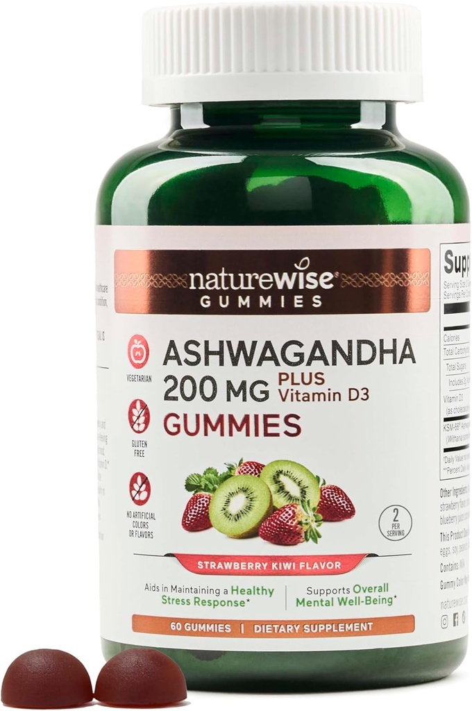 NatureWise Ashwagandha Gummies - Mansikkakiivut - KSM-66 D3-vitamiinin kanssa - Calming Mood Support - Kasvissyöjä - Ei-GMO, Liivate ja Gluteeniton - 60 Count[1-Kuukausi tarjonta]