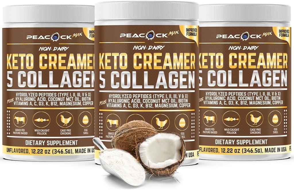 Collagen Keto Coffee Creamer Powder 12.22 oz, 3 kpl pakkaus, hydrolysoitu kollageeni Peptides Coconut MCT Öljy, magnesium, makuamaton proteiinijauhe, sokeriton kahvi kerma smoothies