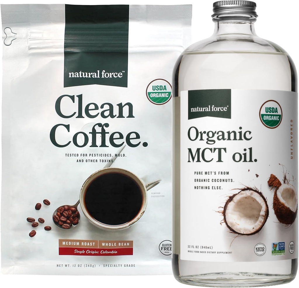Natural Force Organic Clean Coffee + Organic MCT Oil Bundle 100% Pure Coconut MCTs & Mold & Mycoxin Free Coffee ...