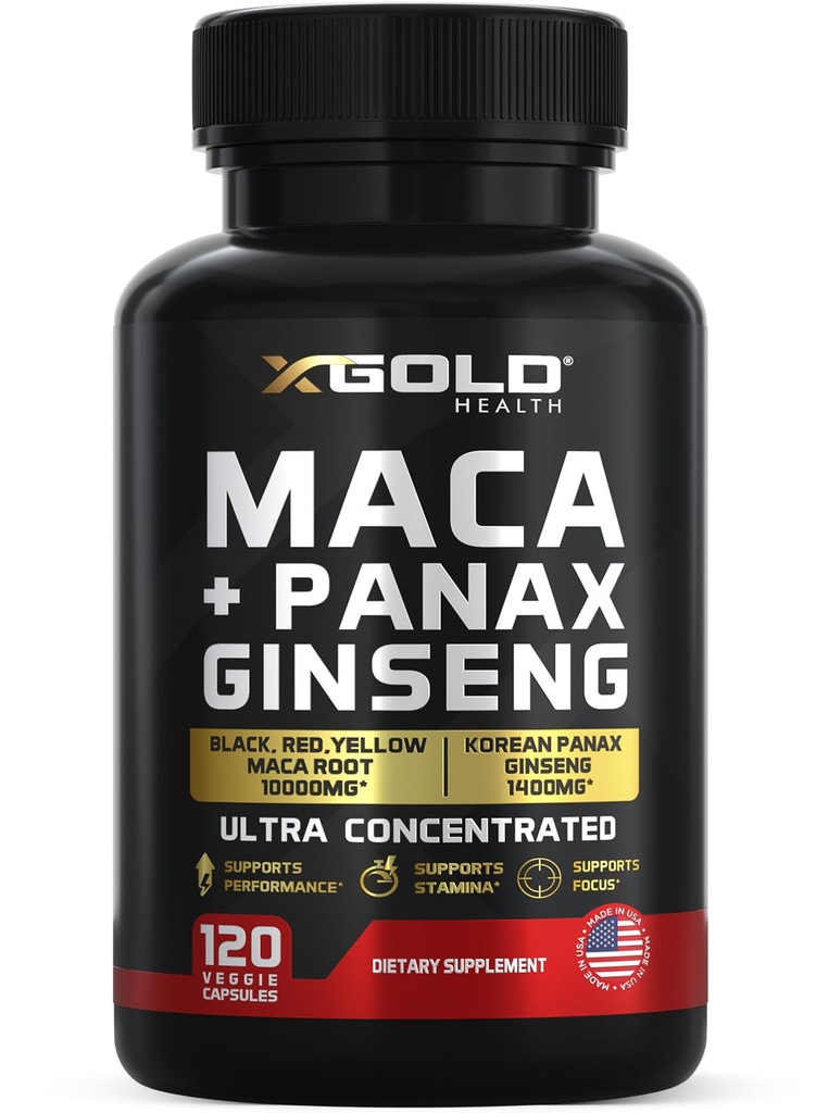 Maca juurikapselit 10 000 mg + Korean Panax Ginseng 1 400 mg - 20x Väkevä uute musta + punainen + keltainen Maca juuri, 10x Väkevä uute Panax Ginseng kapselit - Ultra Potent & Erittäin puhdas
