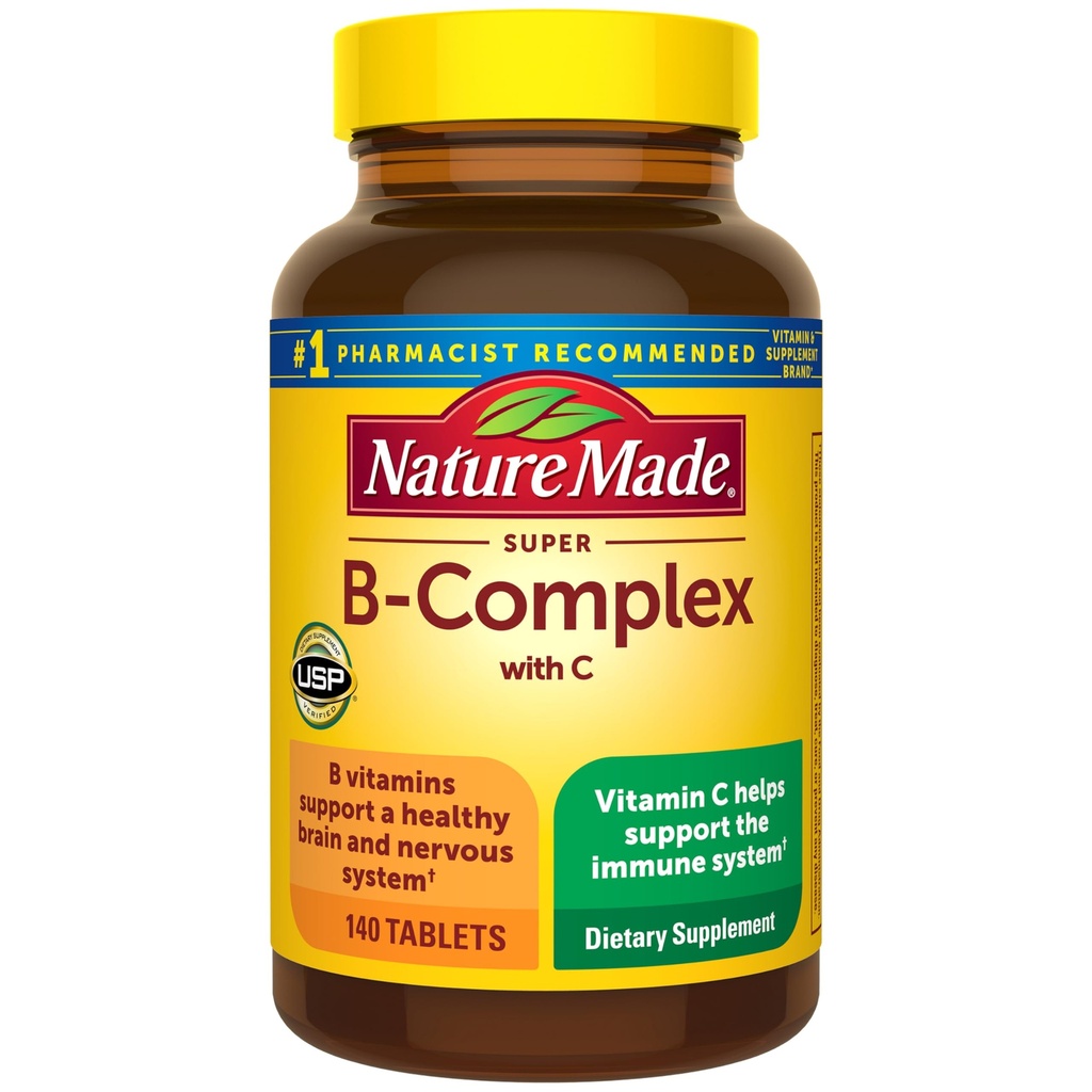 Nature Made Super B Complex kanssa C-vitamiinia ja Foolihappoa, B Complex vitamiineja naisille ja miehille, ravintolisä immuunitukea, 140 tablettia, 140 päivän tarjonta