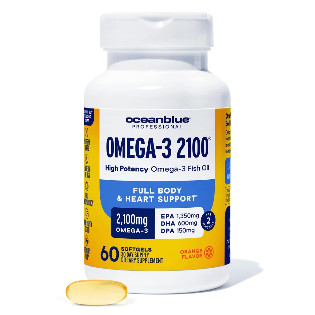 Oceanblue Professional Omega-3 2100-60 greve - High-Potency Triple Strength Burpless Fish Oil Supplement med EPA, DHA & DPA - Orange smak, 30 portioner