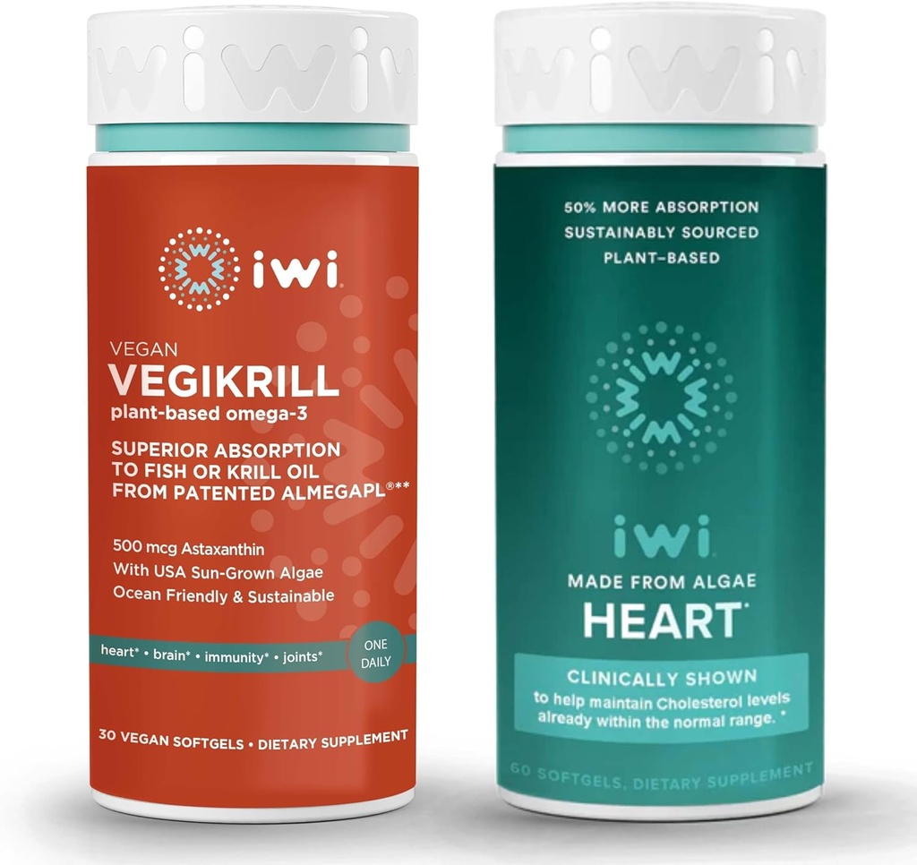 Iwi Life Vegikrill & Heart Omega-3 Bundle, 30 portioner, Vegan Plant-Based Algae Omega 3, Krill & Fish Oil Alternative, No Fishy Aftertaste