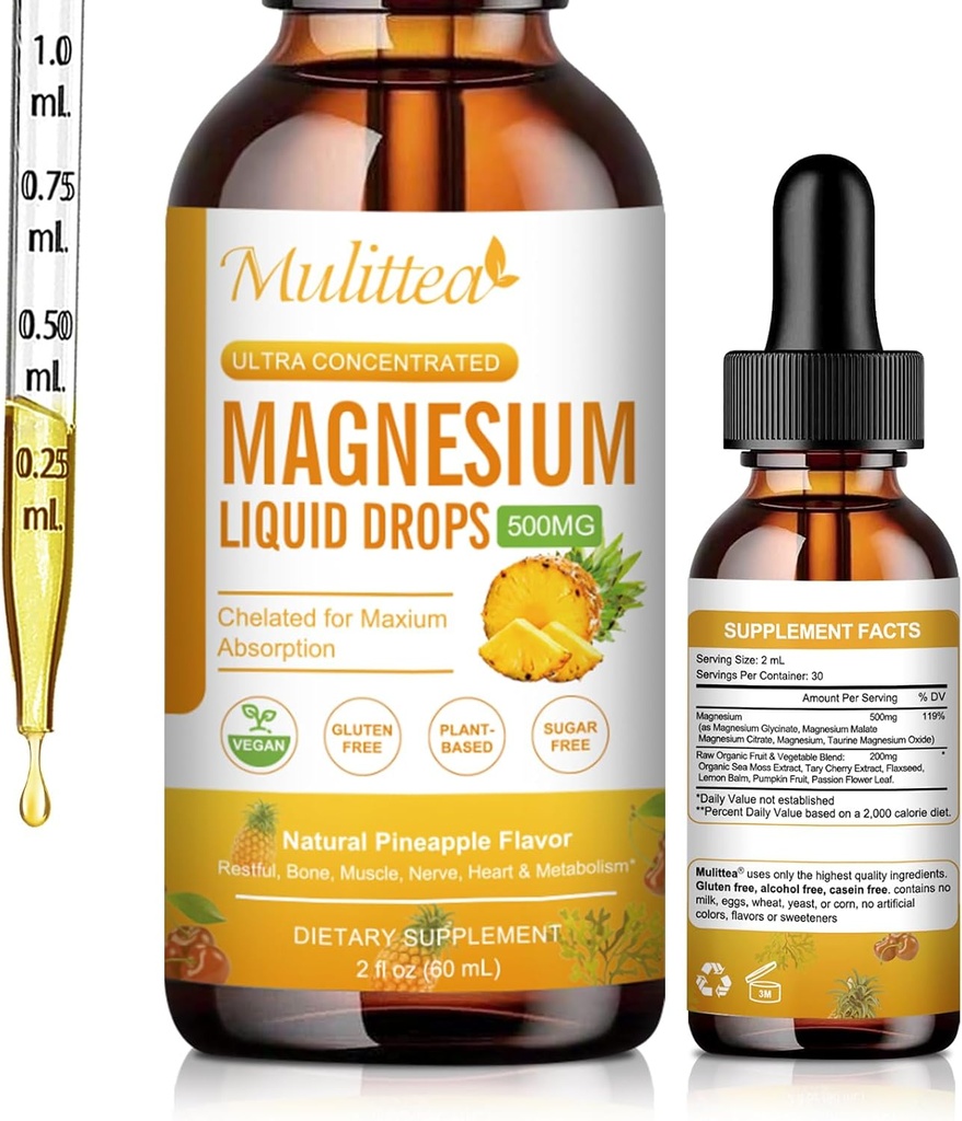 Magnesium Liquid Drops - High Absorption 5-in-1 Magnesium Complex Supplement, magnesium Glycinate, Malaatti, Sitraatti, Taurate - Bone, Lihakset, Nerves & Energy - Vegan, Sokeriton, 2 Fl.oz