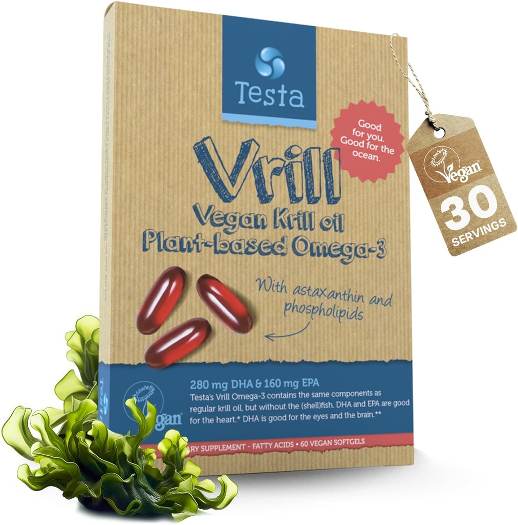 Testa Omega 3 Vegan Krill Supplement-1000mg Softgels, 2 Times Lisää Omega-3, DHA, EPA, Astaksantiini, Fospholipids - Heart, Brain, Eye, Joint Support - Ei Fish, Algae Lähde - 60 Softgels