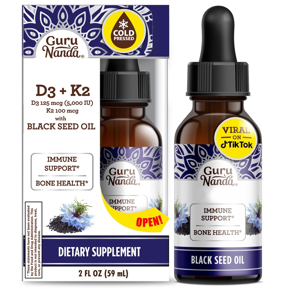 GuruNanda Black Seed Oil, Kylmäpaineinen Nigella Sativa - Rikas D3-vitamiini 5000 yksikköä, K2 & E, korkea Thymokinoni ... Potent Antioksidantti immuunitukeen, ei-GMO, 2 Fl.oz