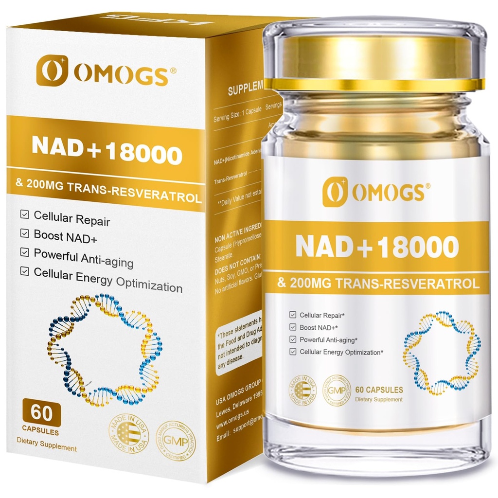 OMOGS NAD + 300 mg + Trans-Resveratrol 200 mg, Pure NAD Supplement, Max Absorption, Boosting Supplement for DNA Repair, Healthy Aging, Cellular Energy & Longevity, 60 Capsules