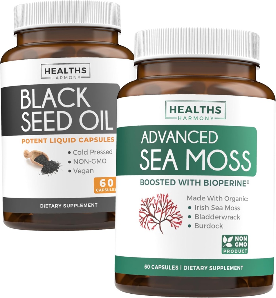 Black Seed Oil & Irish Sea Moss (1-Kuukausihuolto) - Wellness Duo Bundle Black Seed Oil (60 kapselia) Kylmäpaineinen Nigella Sativa & Irish Sea Moss (60 kapselia) Bioperine ja Bladderwrack