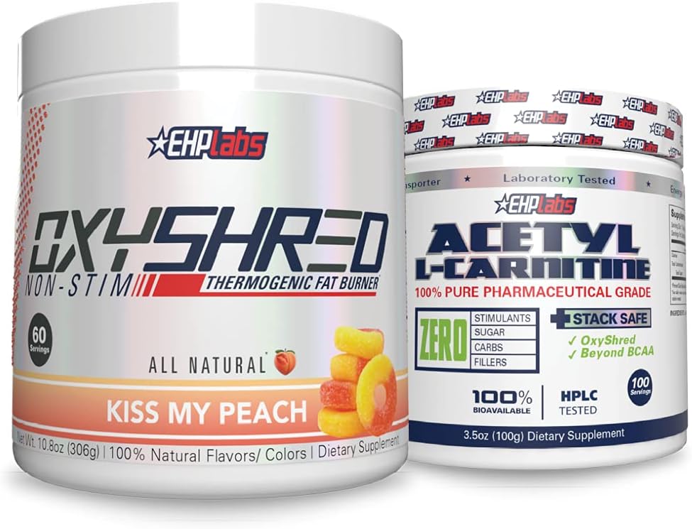 EHP Labs Non-Stim + Acetyl Bundle - OxyShred Thermogenic Preworkout Powder & Shredding Supplement - Acetyl L-karnitiini - Tukee luonnon energian tuotantoa, Aids Metabolia, & Terve aivojen toiminto