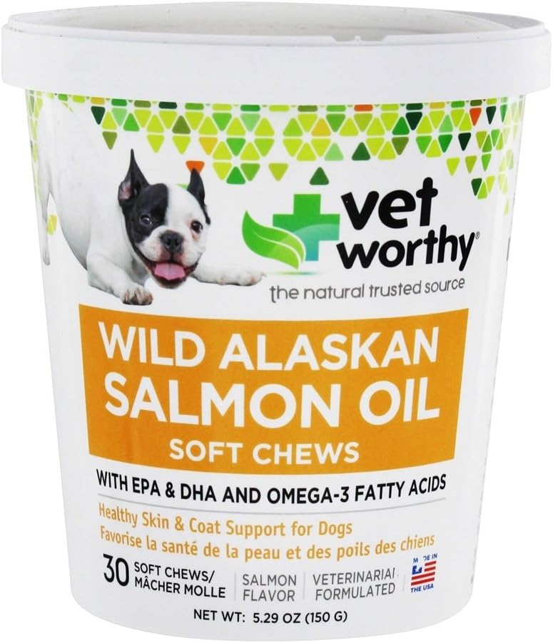 Vet Worthy Salmon Oil Skin och Coat Soft Chews för hundar - Dog Supplement för att stödja hälsosam hud och vacker päls - fiskolja tillskott med Omega 3 fettsyror - Salmon Flavor - 30 Mjuka Chews