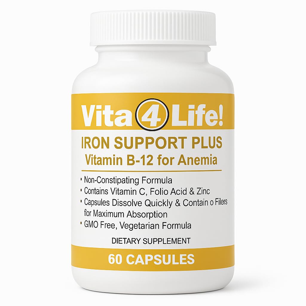 Vita4Life!® Iron Support Plus - 40 mg Silitysrauta C-vitamiinin, B-12, Foolihapon ja Sinkin kanssa - 60 kapselia - ei-kosteuttava Formula Red Blood Cell Support & Energy - Kasvissyöjä & GMO-vapaa