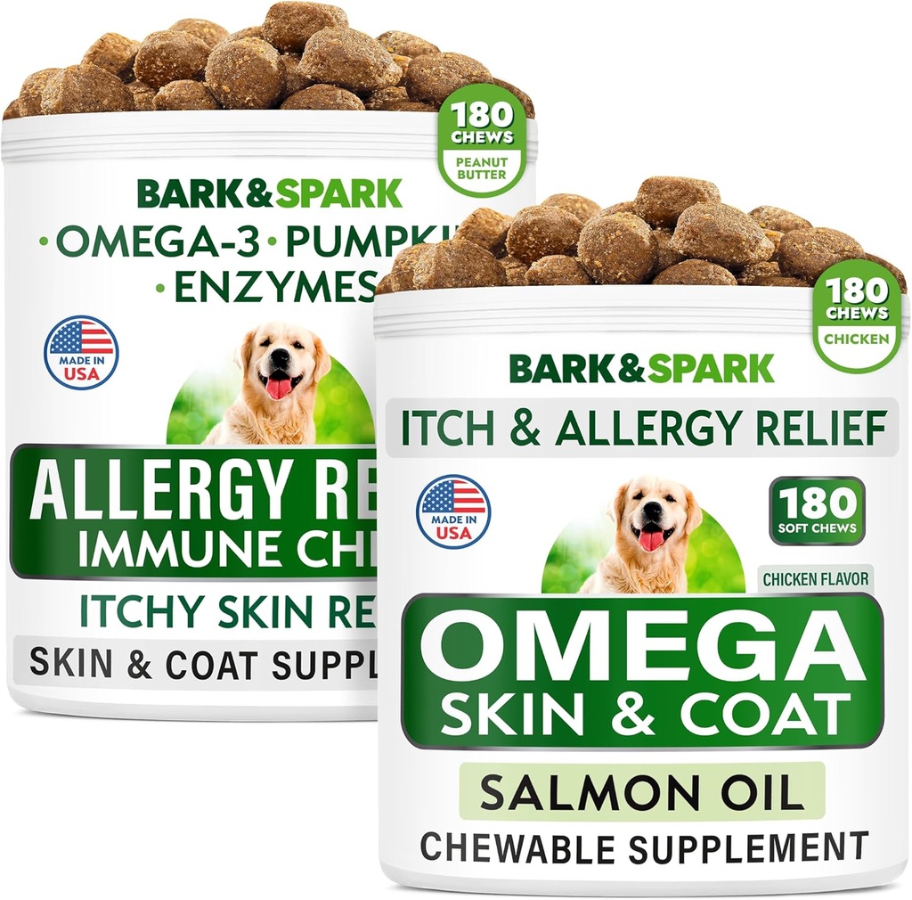 Allergy Relief + Omega 3 koirille Bundle - Anti-Itch Skin & Coat + Skin Allergia - Omega 3 Fish Oil + EPA & DHA rasvahappo - kutina & tassun nuoleminen + Joint Health - 360 Chews - Made in USA