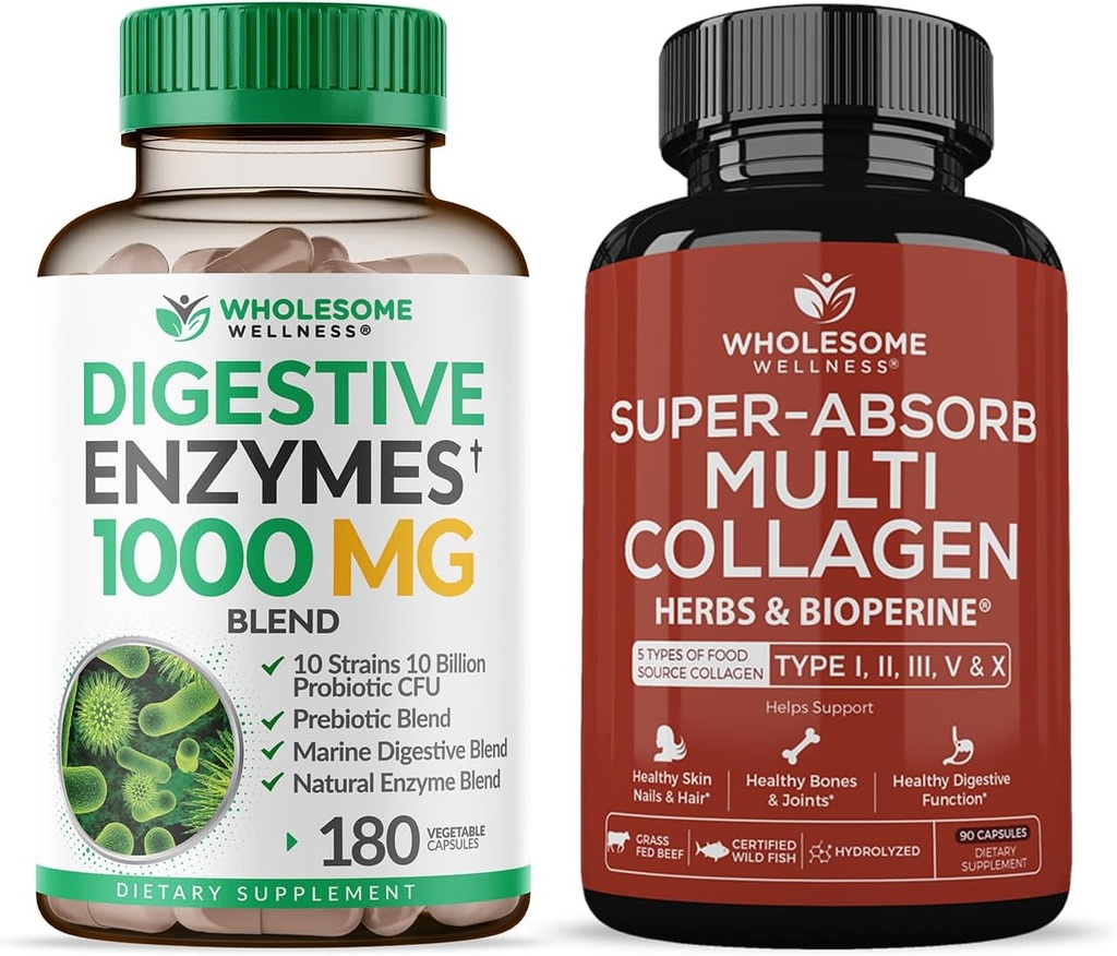 Terveellinen hyvinvointi Ruoansulatuselimistö 1000MG Plus Prebiootit & Probiootit Lisäravinteet + Super- absorb Multi Collagen Pillerit (tyyppi II III V X) Organic Yrtit ja Bioperiine Bundle