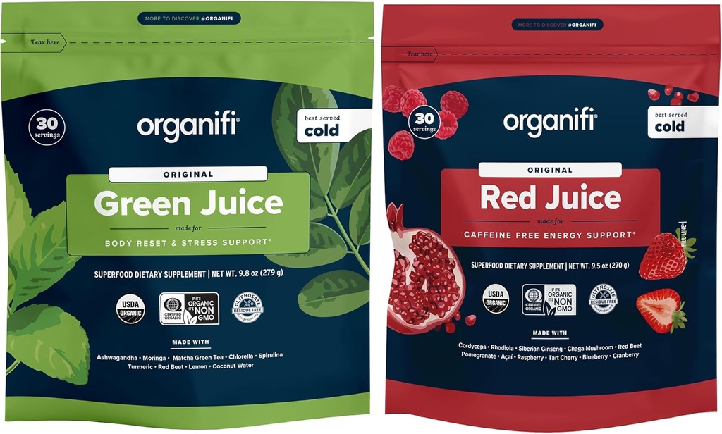 Organify Green Juice och Red Juice Bundle - 30 Day Supply - Delicious, Refreshing Organic Superfood Supplement Powder med antioxidanter för energi- och stressavlastningsstöd - Ingen GMO, Gluten eller Soy