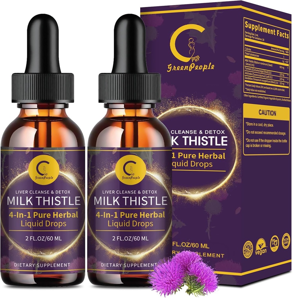 (2 pakkaus) Maito Thistle Liver Cleanse Detox & Repair, Milk Thistle Supplement with Voikukanjuuri, Artisokka & Turmeric for Liver Support and Immuno Health, Vegan, non-GMO, 4 FL OZ