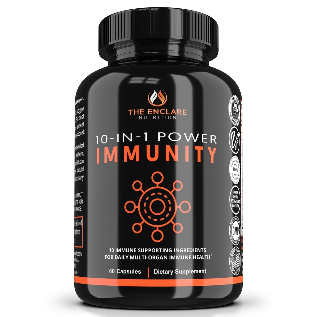 THE ENCLARE NUTRITION 10 in 1 Immuunituki Booster täydentää Echinacea, C-vitamiinia ja sinkkiä, Turmeeric, inkivääri, B6, Elderberry aikuisille Immuniteetin puolustus vitamiinit, valmistettu USA Veg Cap 60 Ct (1)