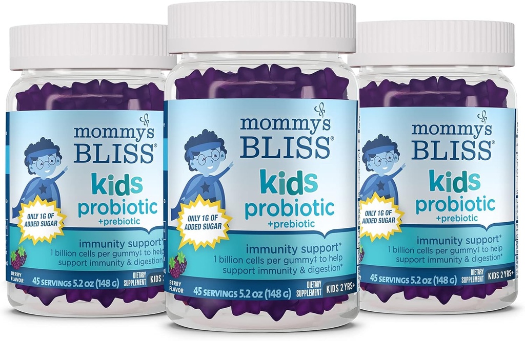 Äidin autuus Lapset Probiootti + Prebiootti Gummies, Tukee immuniteettia ja digestiota lapsille 2 Vuotta+, Vähemmän sokeria, Namimarjamaku, 45 Count (Pack of 3)
